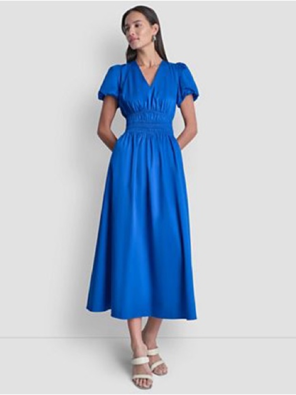 White Closet Blue Linen Blend Midi Dress